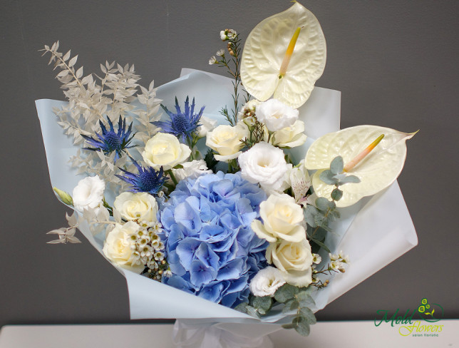 Bouquet of Blue Hydrangea, White Rose, Lisianthus, Anthurium, and Eryngium photo